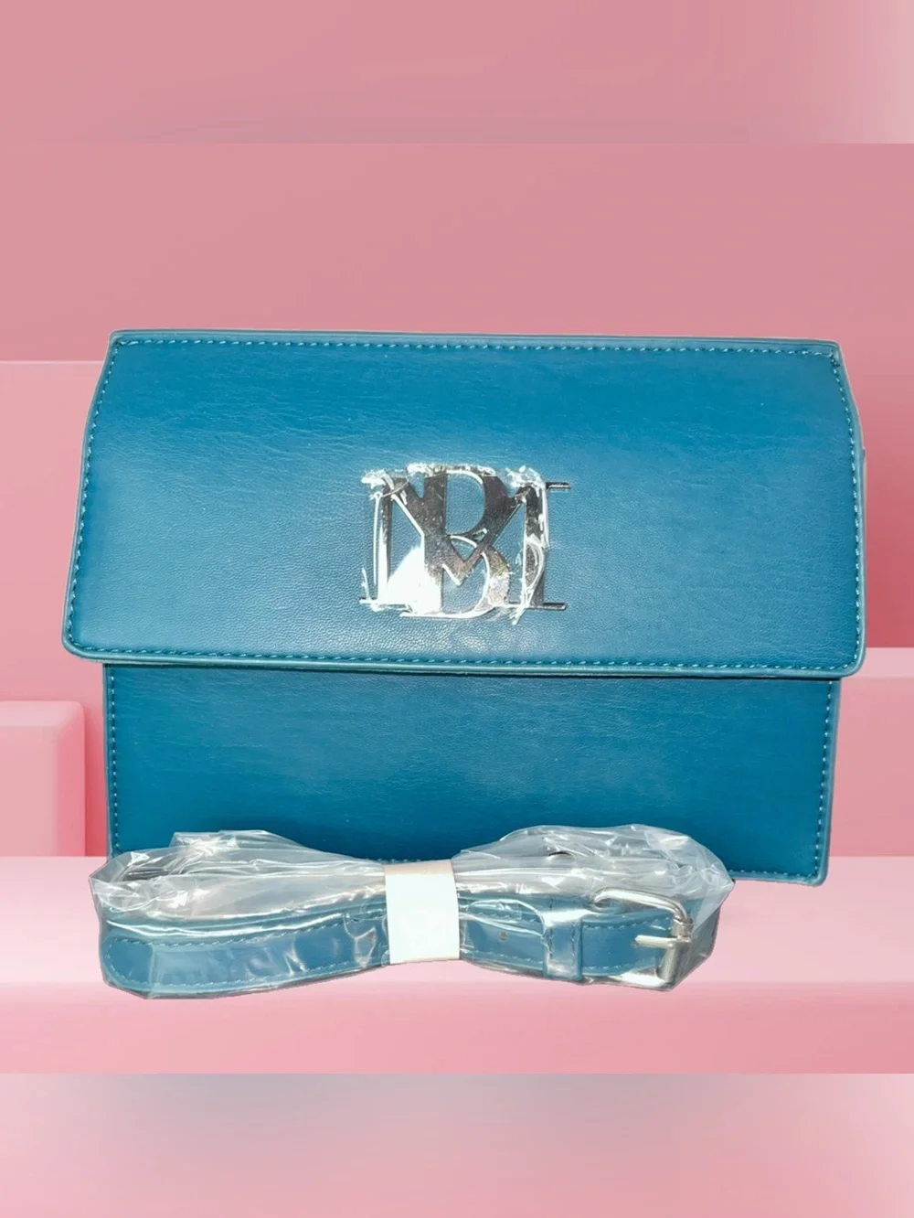 Badgley Mischka Aqua Leather Crossbody Bag with Silver Logo NWT